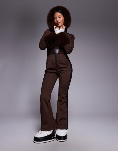 ASOS 4505 Petite – Ski – Kawowy kombinezon narciarski soft shell z lampasami, paskiem i wykończeniem sztucznym futrem - view 1