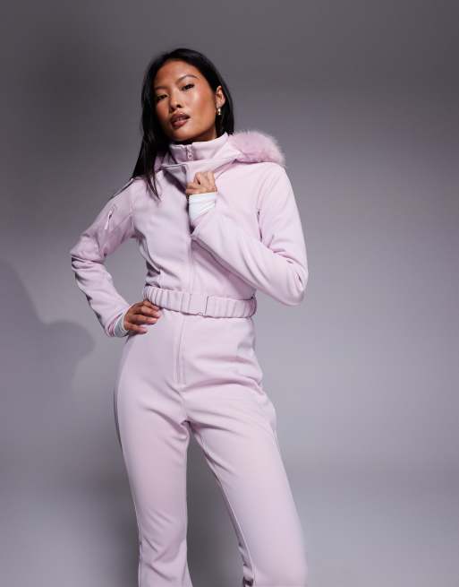 ASOS 4505 Petite Ski – Rosa skidoverall i softshell-material med skärp, smal, utsvängd design och fuskpälshuva, 3 av 4