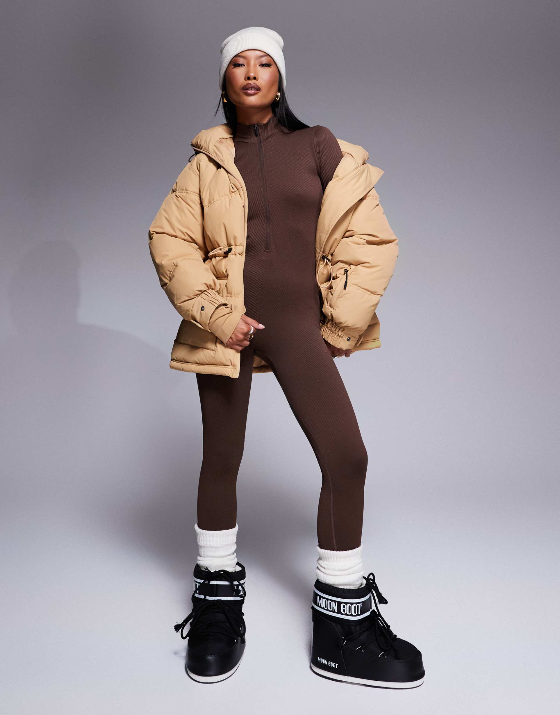 asos 4505 petite ski seamless thermal base layer onesie in caramel