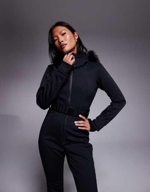 ASOS 4505 Petite - Ski - Slim-fit softshell skipak met riem, uitlopende pijpen en capuchon van imitatiebont in zwart, 3 van 4
