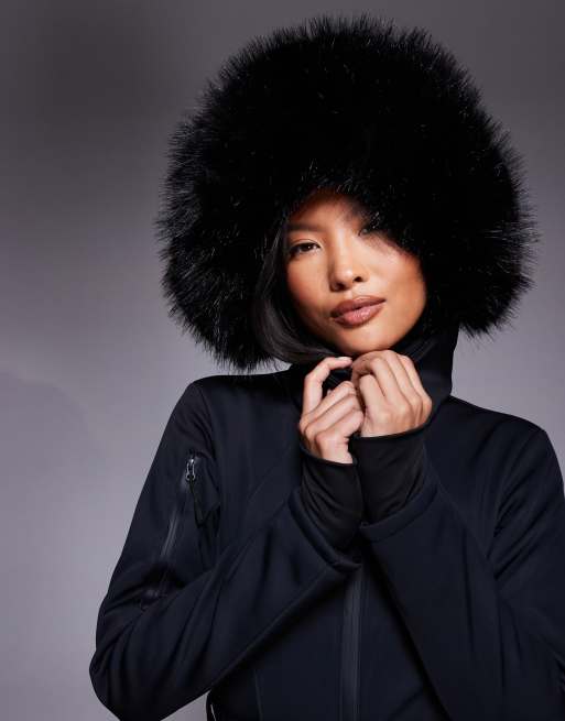 ASOS 4505 Petite Ski soft shell belted ski suit with slim kick leg and faux fur hood in black, 2 of 4