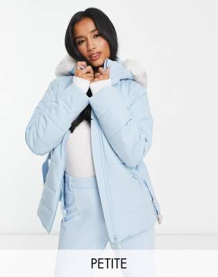 ASOS 4505 Petite - Skijacke mit Gürtel und kunstfellbesetzter Kapuze-Blau