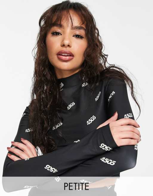 ASOS 4505 Petite - Top a maniche lunghe nero e bianco con grafiche del logo
