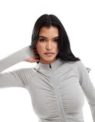 4505 ruched front zip up track top in gray heather