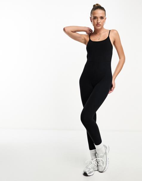 Black Structured Contour Rib Straight Neck Unitard, Black