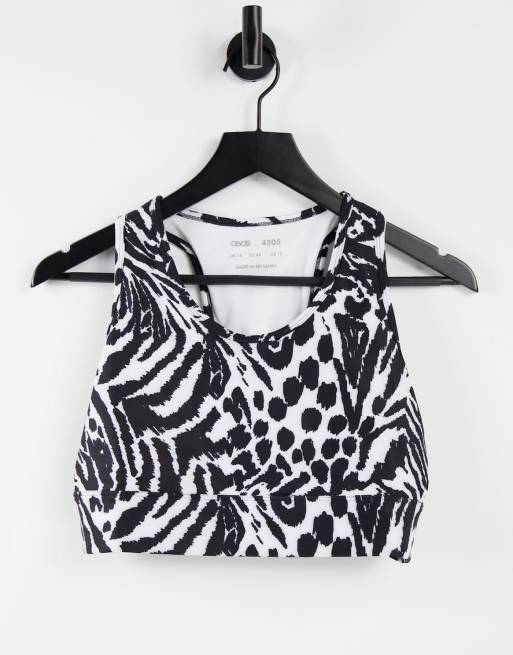 ASOS 4505 scoop neck medium support sports bra in longer length in animal  print