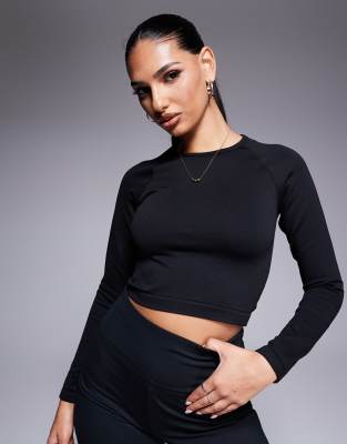 Asos Design 4505 Seamless Cropped Long Sleeve Top In Black