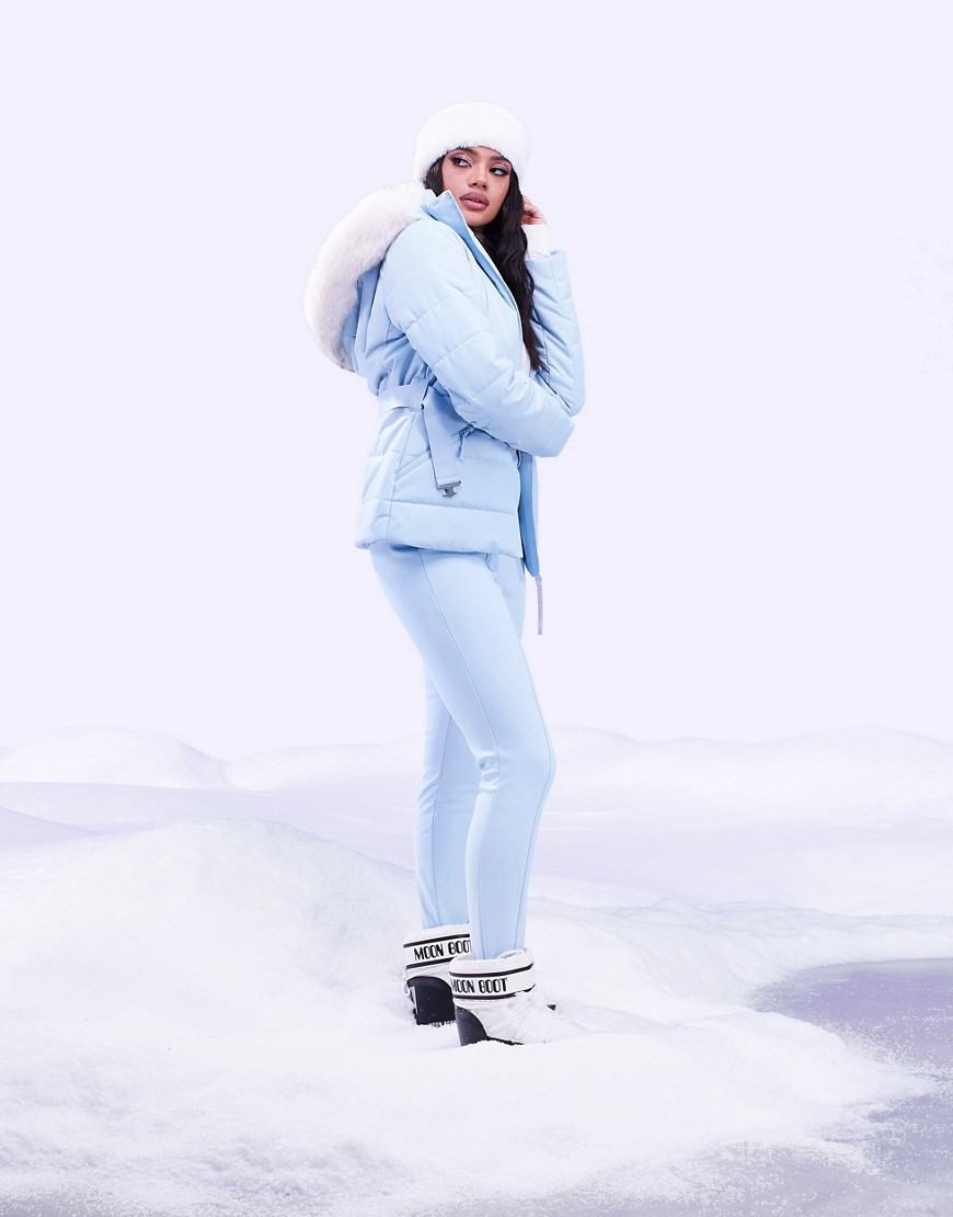 Shop Asos Design 4505 Ski Belted Jacket With Faux Fur Hood-blue