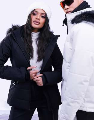 Asos Design 4505 Ski Belted Jacket With Faux Fur Hood-black