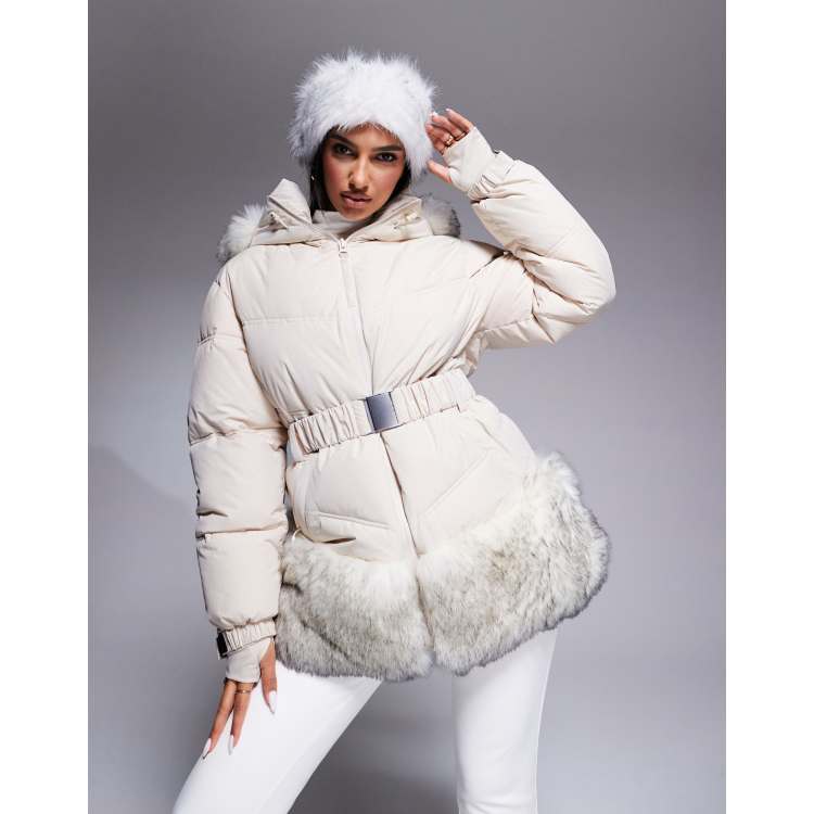 ASOS 4505 Ski belted puffer ski jacket with faux fur trim in cream ASOS