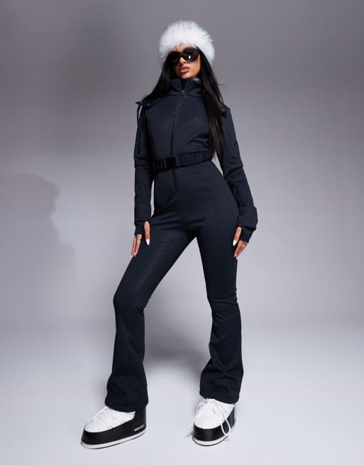 ASOS 4505 Ski belted ski suit with slim kick leg and faux fur hood in black