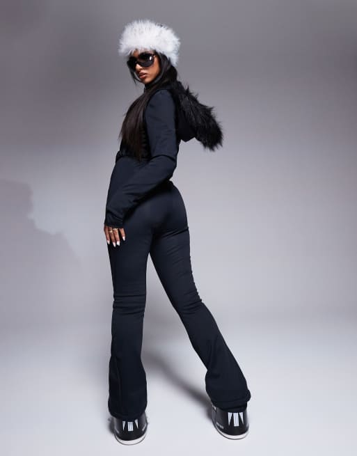 ASOS 4505 Ski belted ski suit with slim kick leg and faux fur hood in black