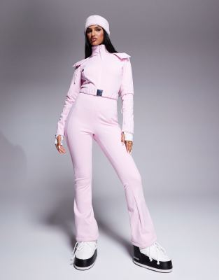 Asos Design 4505 Ski Belted Ski Suit With Slim Kick Leg And Faux Fur Hood In Pink
