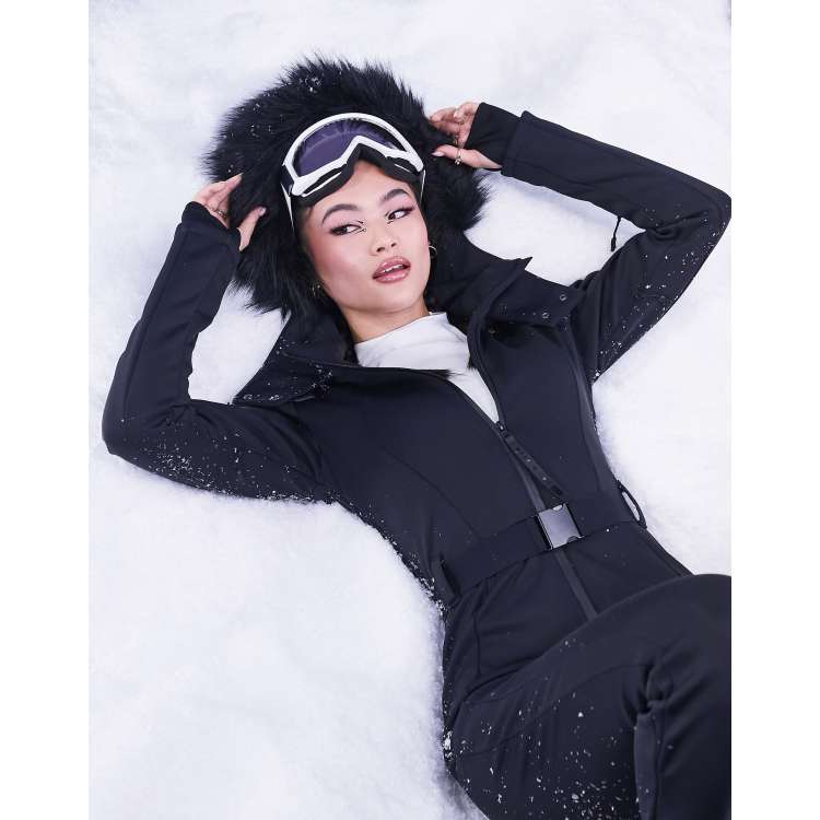 ASOS 4505 ski belted ski suit with slim kick leg and faux fur hood