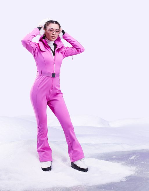 ASOS 4505 ski belted ski suit with slim kick leg and faux fur hood