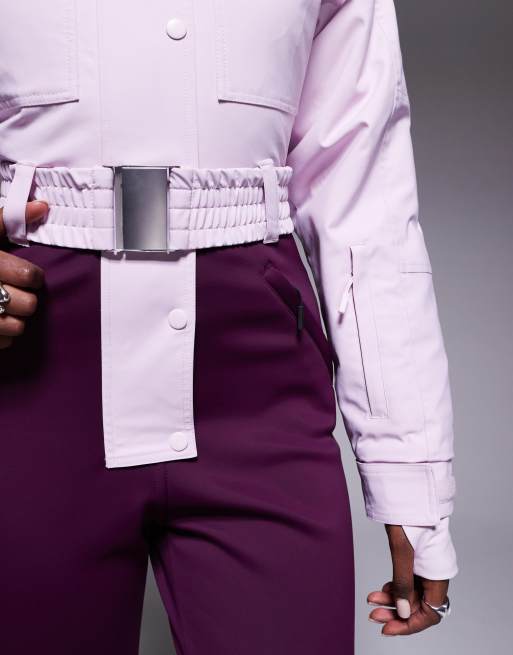 ASOS 4505 Ski colorblock funnel neck belted kick flare ski suit in pink and plum