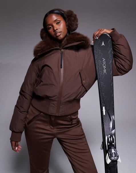ASOS 4505 Ski cropped bomber jacket with faux-fur collar in coffee - view 1