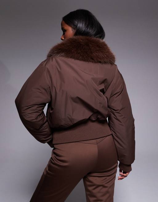 ASOS 4505 Ski cropped bomber jacket with faux fur collar in coffee