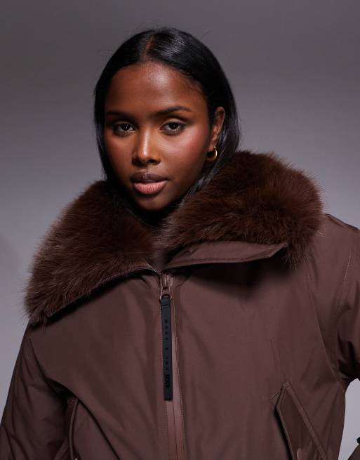 ASOS 4505 Ski cropped bomber jacket with faux fur collar in coffee