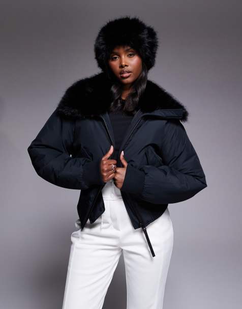 ASOS 4505 Ski cropped bomber with faux fur collar in black - view 1