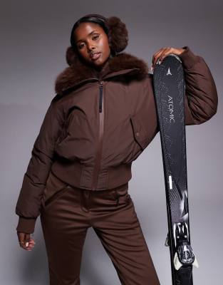 ASOS 4505 Ski - Cropped-Bomberjacke in Kaffeebraun mit Kunstpelzkragen-Brown