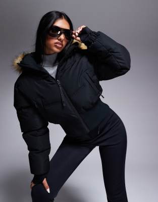 4505 Ski cropped insulated ski bomber jacket with faux fur hood in black-White