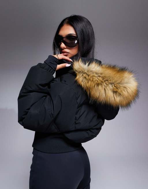 Cropped black coat with fur hood online