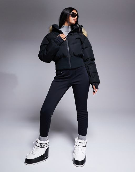 ASOS 4505 Ski cropped insulated ski bomber jacket with faux fur hood in black