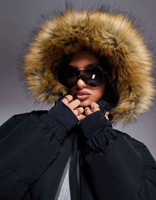 Black bomber coat with fur hood best sale