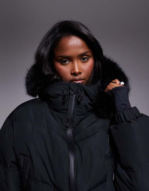 ASOS 4505 Ski cropped insulated ski bomber jacket with faux fur hood in black