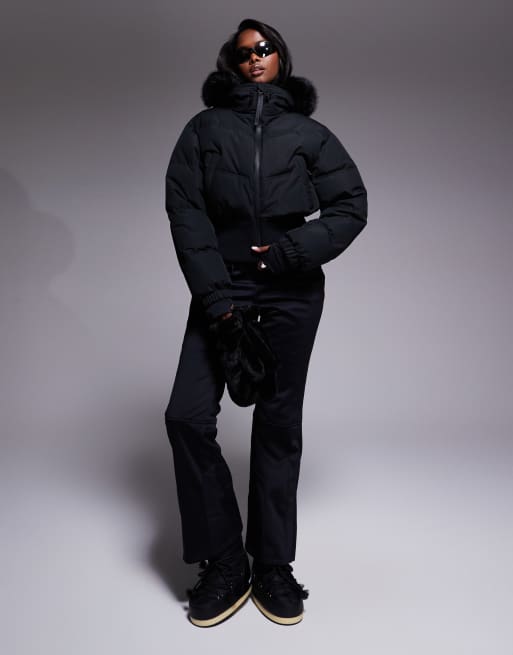 ASOS 4505 Ski cropped insulated ski bomber jacket with faux fur hood in black