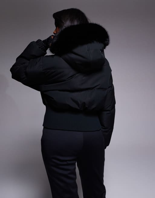 ASOS 4505 Ski cropped insulated ski bomber jacket with faux fur hood in black