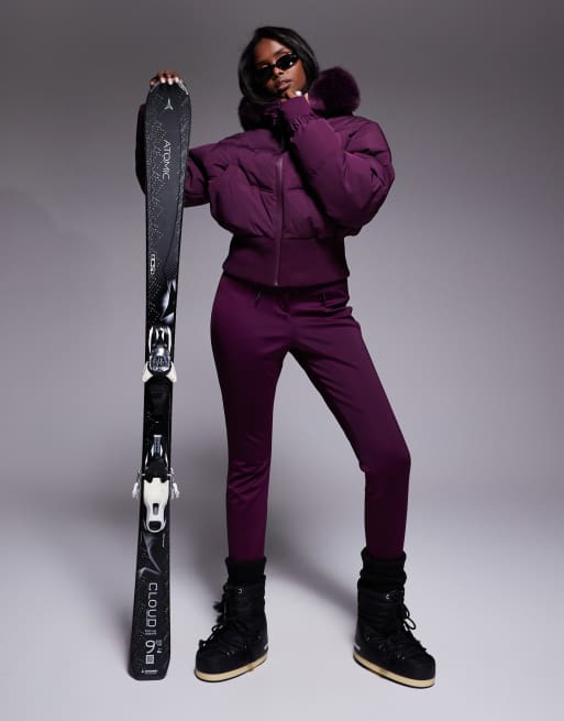 ASOS 4505 Ski cropped insulated ski bomber jacket with faux fur hood in plum