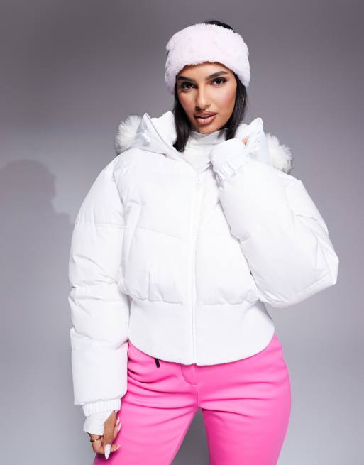 ASOS 4505 Ski cropped insulated ski bomber jacket with faux fur hood in white