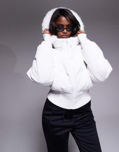 ASOS 4505 Ski cropped insulated ski bomber jacket with faux fur hood in white - view 1