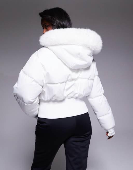 ASOS 4505 Ski cropped insulated ski bomber jacket with faux fur hood in white