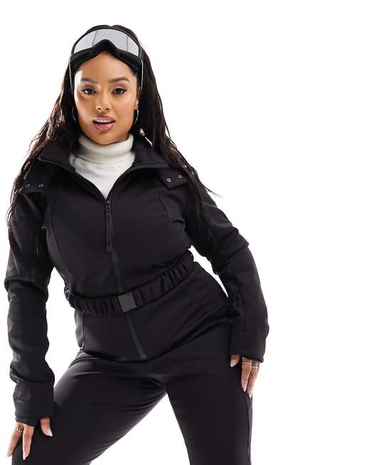 ASOS 4505 Ski Curve water repellent belted ski suit with faux fur hood in  black