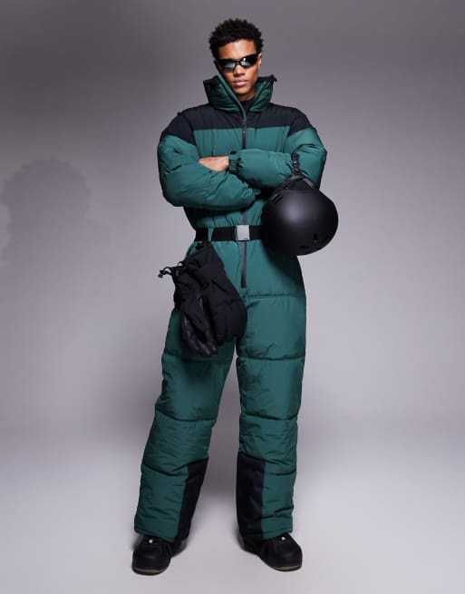 ASOS 4505 Ski – Czarno-zielony pikowany kombinezon narciarski z ociepleniem i powłoką wodoodporną