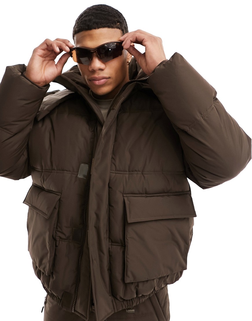 Asos Design 4505 Ski Exaggerated Ski Coat With Padding And Quilting-brown