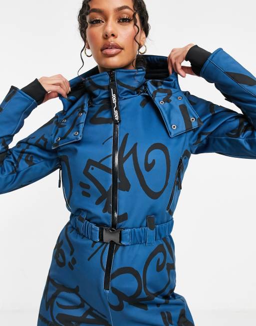 ASOS 4505 ski fitted belted ski suit in graffiti with hood