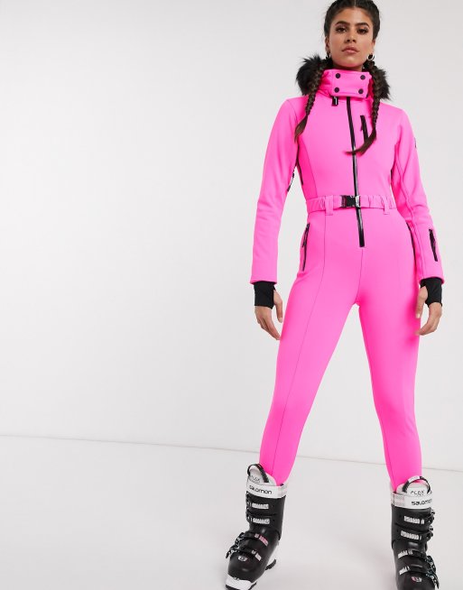 ASOS 4505 Tall ski fitted belted ski suit with fur faux hood