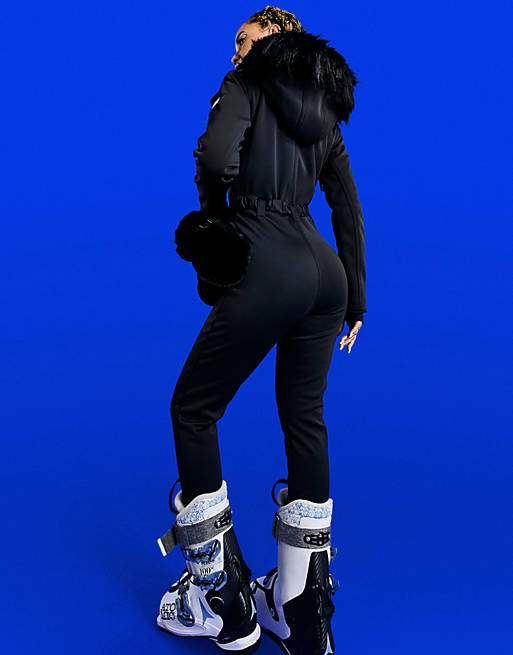Women ski fitted belted ski suit with fur faux hood 