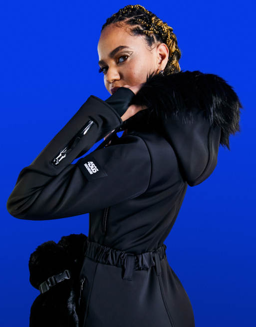 ASOS 4505 ski fitted belted ski suit with fur faux hood