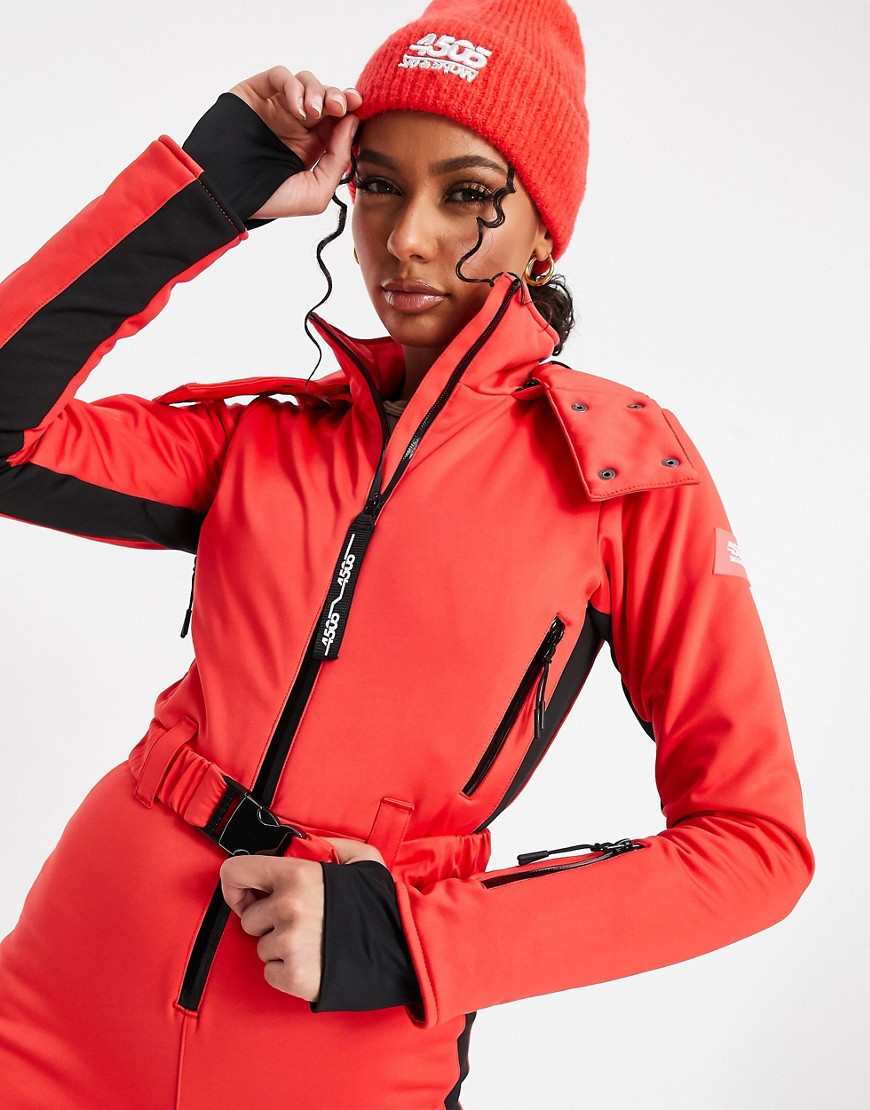 ASOS 4505 ski fitted belted ski suit with hood and side stripe-Red