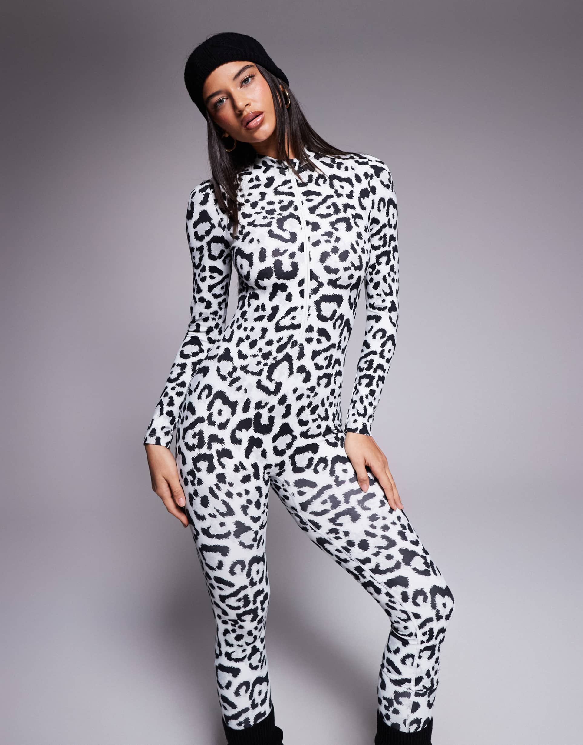 asos 4505 ski fleece back base layer long sleeve unitard with thermal treatment in snow leopard