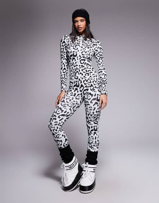 ASOS 4505 Ski fleece back base layer long sleeve unitard with thermal treatment in snow leopard