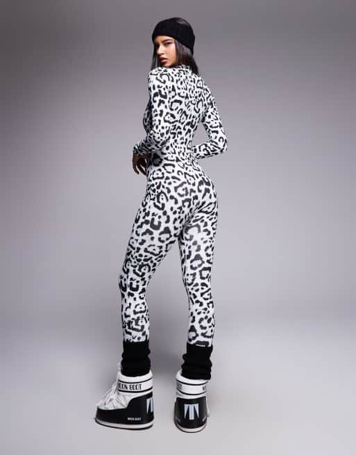 ASOS 4505 Ski fleece back base layer long sleeve unitard with thermal treatment in snow leopard