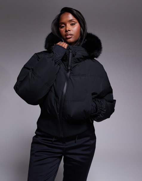 ASOS 4505 - Ski - Geïsoleerde cropped ski bomberjack met capuchon van imitatiebont in zwart - view 1