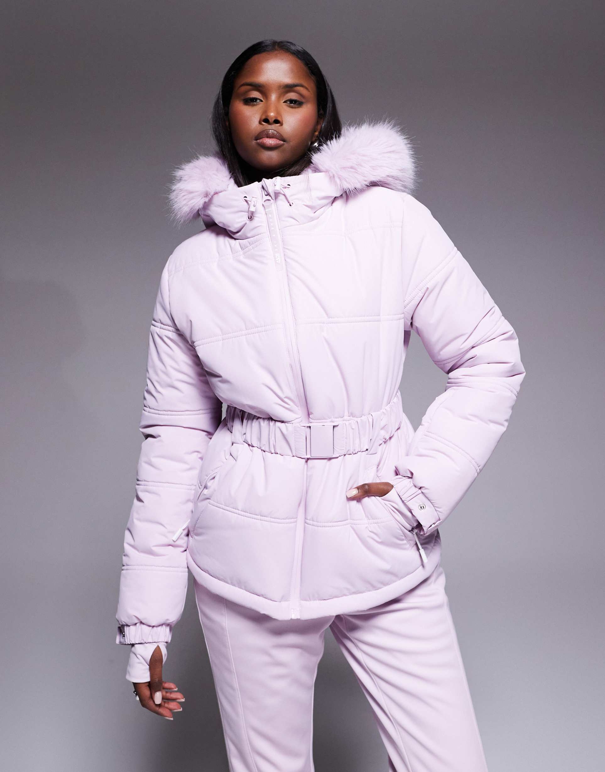 asos 4505 ski icon water repellent insulated belted ski jacket in pink