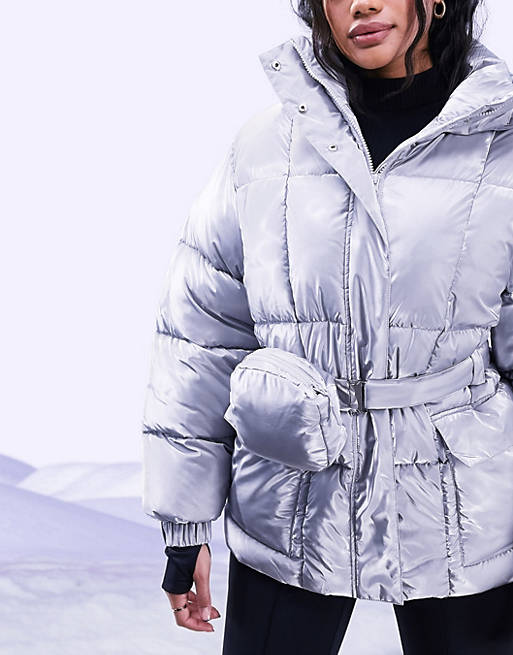 ASOS 4505 ski jacket in silver with fanny pack